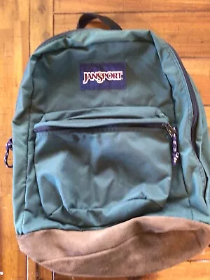 Jansport Vintage 90s Green Canvas Suede Bottom Bookbag Backpack Made In USA • $24.95