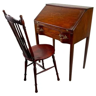 Antique English Edwardian Mahogany Inlaid Secretary Slant Front Desk & Chair • $1650