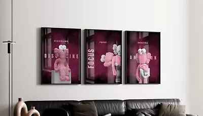 Set Of 3 Pink Dedicated Kaws Art Piece Canvas Wall Home Decor Portrait Gallery • $384.99