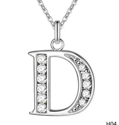 INITIAL D NECKLACE LETTER NAME PENDANT SILVER PLATED & CRYSTAL 18inch CHAIN NEW • £5.99