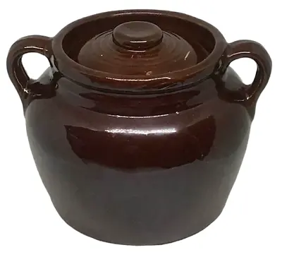 Vintage Bean Pot Brown Cookie Jar Stoneware Glazed Double Handles Lid 2 Qt 6  • $28.95