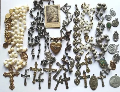 Vtg Rosary Beads Lot Repair Parts Mother Of Pearl Metal Saints Medals Crucifix • $3.25