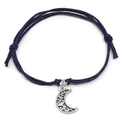 Silver Moon Charm Waxed Cord Friendship Wish Bracelet • 20 Colours • £1.75