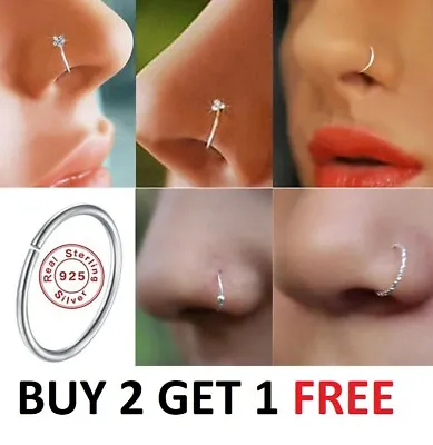 £2.99 • Buy 925 Sterling Silver Nose Hoop Nose Ring Small Nose Hoop Plain Crystal NOSE RING