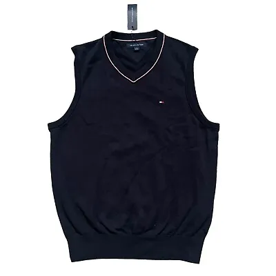 NWT Tommy Hilfiger Mens Solid Navy All Cotton Soft V-Neck Signature Sweater Vest • $49.98