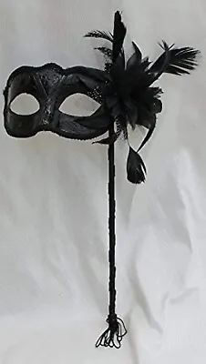 £14.95 • Buy Ladies Venetian Masquerade Ball Gloss Black Mask & Flower On A Hand Held Stick