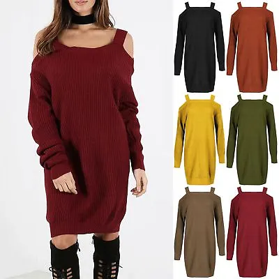 Womens Ladies Chunky Knit Open Cold Shoulder Wide Strap Baggy Jumper Mini Dress • £6.19