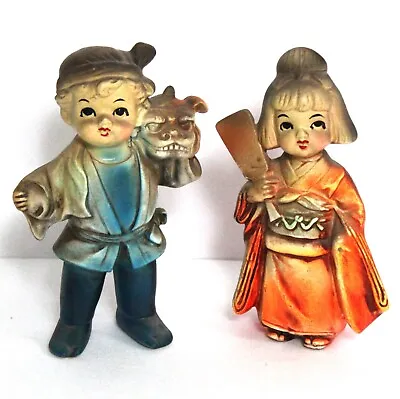 RARE Japanese New Year Oni Mask Boy & Hagoita Paddle Girl Figurines Vintage • $180