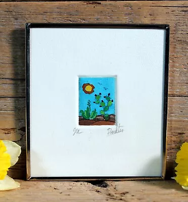 Cactus Agave Landscape Hand Tinted Etching Color Print Handmade Mexican Folk Art • $34