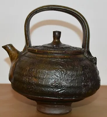 Vtg Primitive Black/Brown Pottery Teapot Unique 6  Tall Art Pottery Very Nice! • $29.99