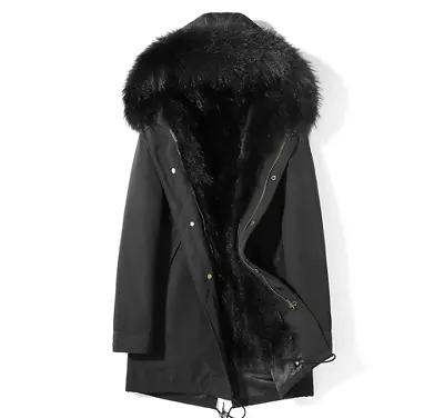 M-5XL Men's Real Fox Fur Collar Jacket Fox Fur Lined Hooded Parka Winter Coat • $314.15
