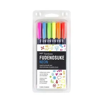 Tombow Fudenosuke Hard Tip Brush Pens (Set Of 6) - Neon Colours • $32.95