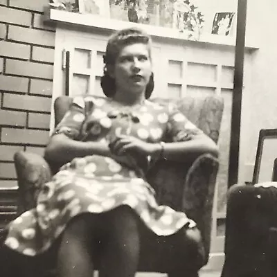 Vintage Black And White Photo Woman Polka Dot Dress High Heels Sitting Chair  • $6.69