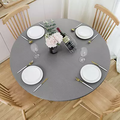 Round Fitted Vinyl Tablecloth With Elastic Edge 100% Waterproof Oil Proof PVC Ta • $15.93