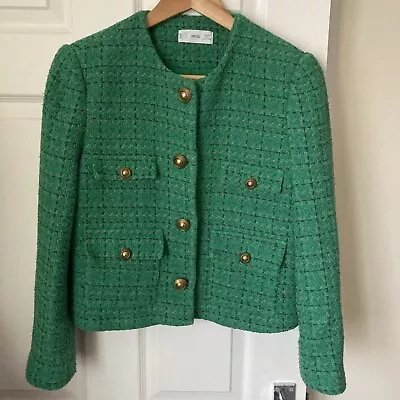 Mango Boucle Tweed Check Jacket UK12 L Green Gold Button • £39