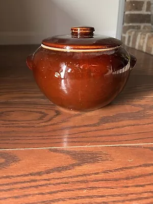 Vintage BROWN GLAZED BEAN POT WITH LID HANDLES USA Primitive Farmhouse Decor • $35