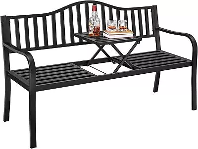 Outdoor Garden Bench W/Pullout Middle Table Metal Patio Bench Front Porch Bench • $132.24