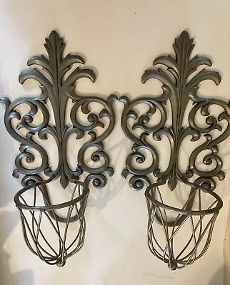 Silver Tone Metal Wall Mounted Candle Sconce Holders Pair • £25.07