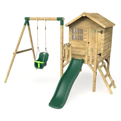 £789.95 • Buy Rebo Orchard 4FT X 4FT Wooden Playhouse + Swings, 900mm Deck & 6FT Slide - Pluto