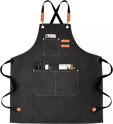 Chef Apron For Men Women Canvas Aprons With 3 Pockets Cross Back Resistant Work  • $14.70