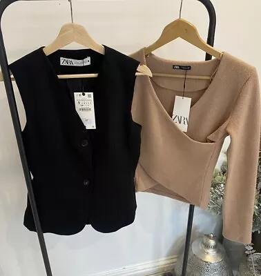 Ladies Zara Black Waistcoat & Beige Brown Crop Jumper Size Small ~ New With Tags • £32.99