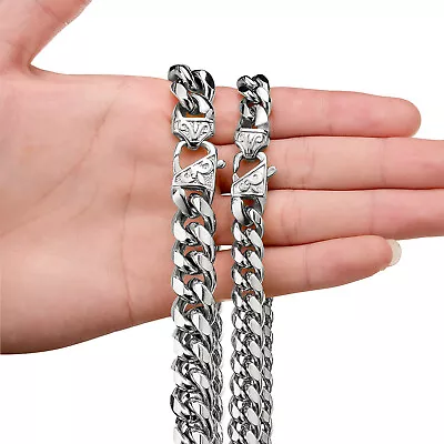 Hip Hop Miami Cuban Link Chain Mens Casting Silver Titanium Steel Necklace • $25.19