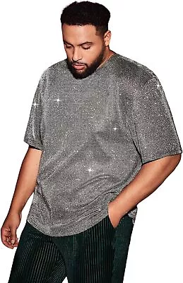 WDIRARA Men's Plus Size Giltter Round Neck T Shirt Short Sleeve Sparkly Party Te • $51.65