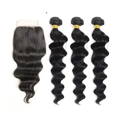 Loos Wave 3 Bundles 8 10 12  With 10  4 By 4 Lace Closure Malaysian Virgin Hair  • $84.06