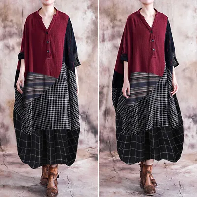 $37.02 • Buy Women Striped Patchwork Long Sleeve V Neck Loose Waist Holiday Kaftan Maxi Dress