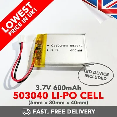 3.7V 600mAh Li-Po Battery (503040) Rechargeable High Capacity Tablet + Device • £6.99