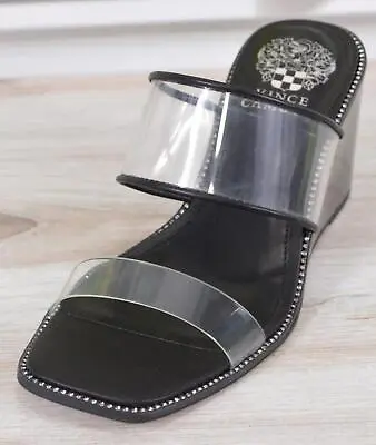 NEW Vince Camuto SEVELLIN Clear Lucite Wedge Mules Slides Size 7 CLEAR/BLACK • $33.60