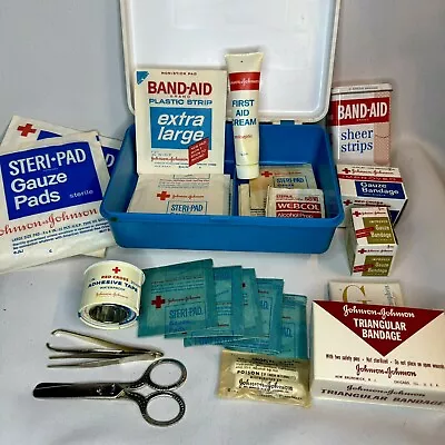 Vintage 1960 Johnson & Johnson First Aid Auto Travel Kit Metal Band Aid Tin • $50