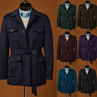 Vintage Men's Suits With Belts Wool Safari Jackets 4 Pocket Hunting Coats Tailor • $68.59