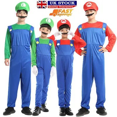 Adult Kids Super Mario And Luigi Fancy Dress Plumber Bros Halloween Costume Suit • £8.39