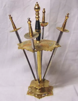 Toledo Brass And Enamel Set Of Four Sword Shaped Olive Skewers With Stand • £24.99