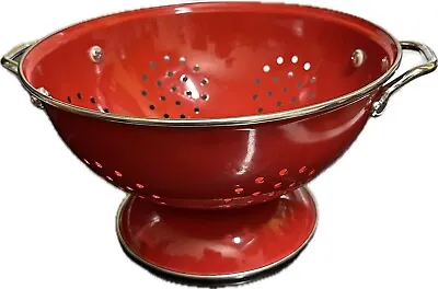 Vintage Red Colander Kitchen Strainer Retro Enameled Metal Holiday Old • $24.99