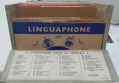VINTAGE LINGUAPHONE COURS DE FRANCAIS 16 X 7  RECORDS & 4 BOOKS IN ORIGINAL CASE • £20