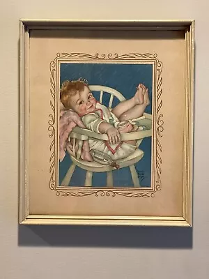 Vintage Maud Tousey Fangel Framed Lithograph Happy Cute Baby  The Little Rogue  • $24.95