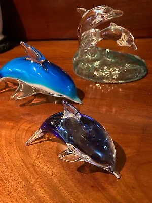 Murano Glass Set Of 2  Blue HandBlown Dolphins & 1 Crystal D’Arque Aqua Blue • £22