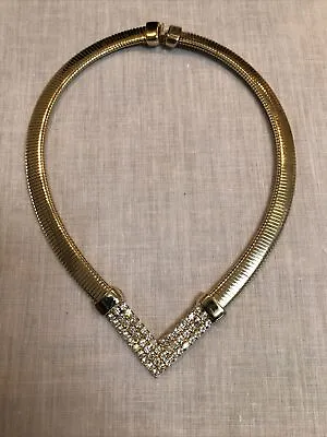$25 • Buy Vintage Accordian Style Stretch Gold Tone Rhinestone V Center Choker Necklace 