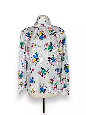 Vintage Secretary Blouse | 1980s Colorful High Neck Long Sleeve Shirt MEDIUM • $24