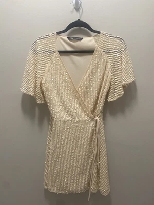 $29 • Buy Zara Sequin Wrap Mini Dress Off White Size Small EUC