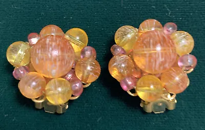 MARVELLA Vintage BEADED CLUSTER CLIP-ON EARRINGS Orange  & Yellow Happy • $15.55