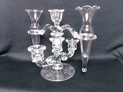 Stunning 4-Pc. Etched Glass 5-Arm Candelabra Epergne Vtg. Candle Holder W/ Vases • $39.95