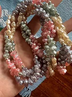 Long Vintage Pink Blue Green Cream Faux Pearl Multi Strand Glass Bead Necklace • £7.50