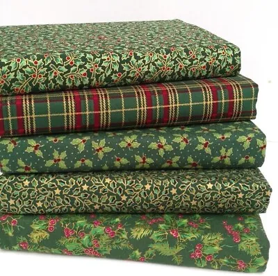 Christmas Fabric 100% Cotton 5 Piece Bundles Holly & Tartan Fat Quarters Squares • £3.99