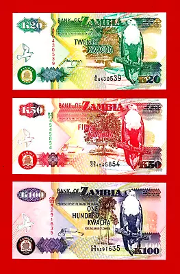 $2.65 • Buy Zambia UNC Banknotes - 20 (P-36), 50 (P-37) & 100 Kwacha (P-38) Paper Currency