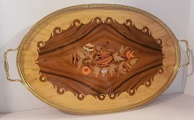 Vintage Italian Marquetry Tray Inlaid Wood With Brass Gallery & Handles 20 1/2  • $39.99