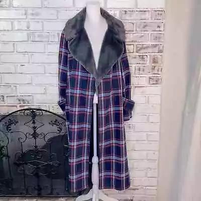 Victor Alfaro Collective Oversized Plaid Faux Fur Collar Trench Coat XL • $423