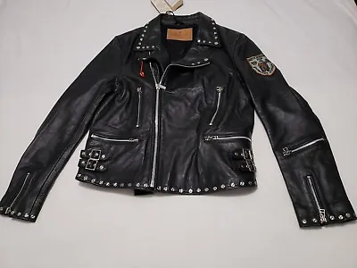 GOOSECRAFT Men's Black Studded Leather Biker Jacket With Zipper Details Size XL • $240